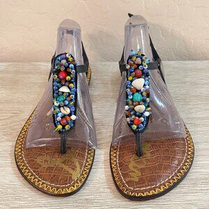 New Sam Edelman Sandals 6.5 Gabrielle Black Beads Shells T Strap Thong Slingback